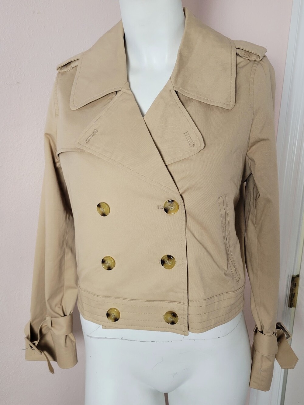 7 For All Mankind Cropped Trench Coat Jacket Tan Beige Khaki Size Medium NWOT